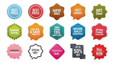 Vector badges set with promotional messages for sales and discounts isolated PNG with Transparent Background
