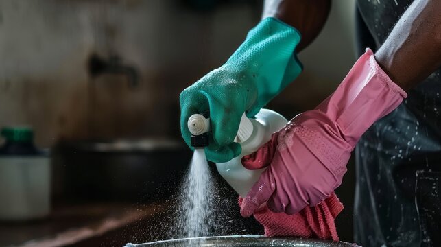 Close-up of hands in teal and pink gloves spraying and wiping, focused on cleanliness and sanitization during home or professional cleaning tasks. - Powered by Adobe