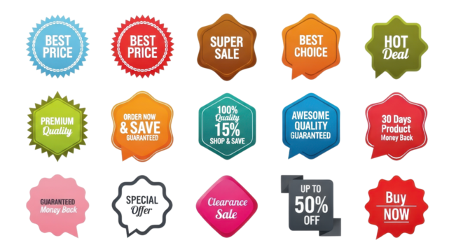 Vector badges set with promotional messages for sales and discounts isolated PNG with Transparent Background