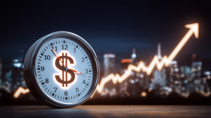 Dynamic financial growth graph superimposed over a vibrant city skyline at night, symbolizing business success and economic prosperity.