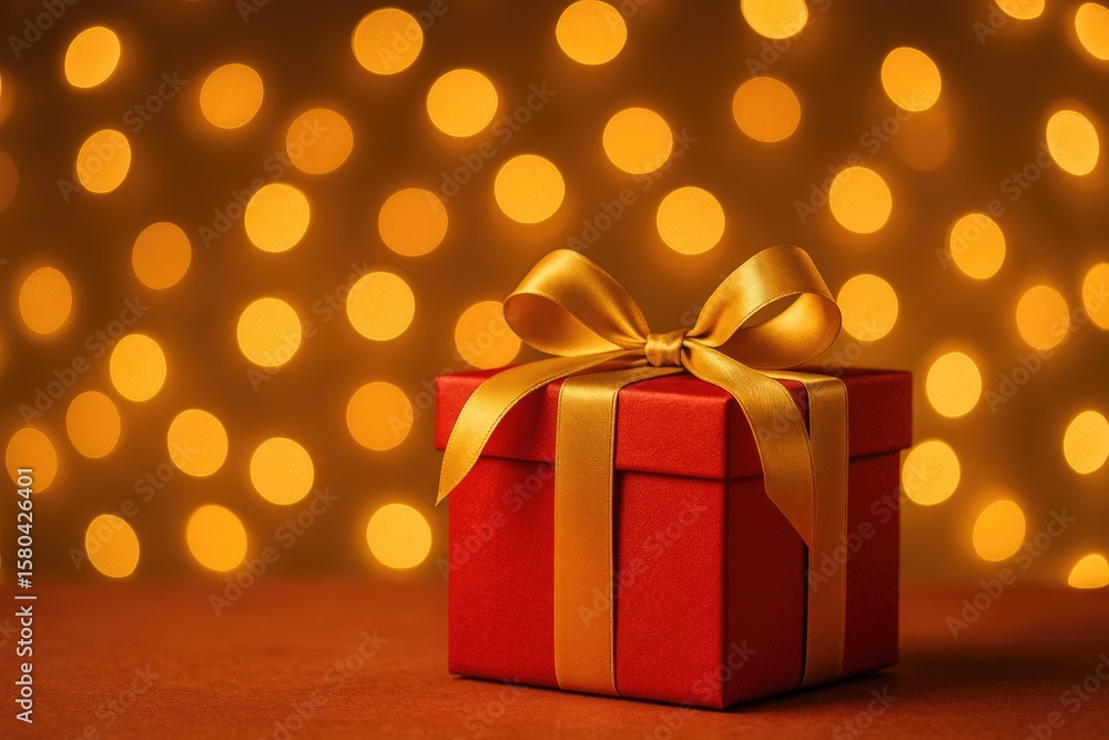 Poster festive holiday present wrapped in red with sparkling bokeh backdrop