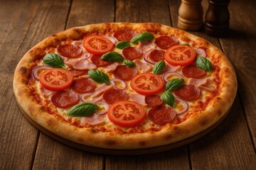Wooden table with a delicious pizza on top
