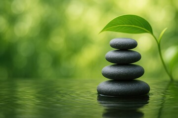 Obraz premium Stacked stones with a serene blurred backdrop in a zen setting