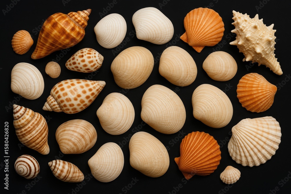 Poster collection of seashells from global oceans displayed against a dark backdrop