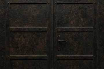 A weathered, dark metal door with a vintage look set against a rough textured background