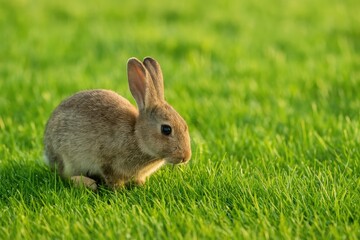 Fototapeta premium Grass-eating rabbit in a lush pasture captured in a stunning photograph