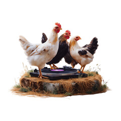 Charming chickens on a turntable with grass.