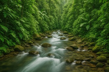 Obraz premium Stream coursing through lush tropical woodland