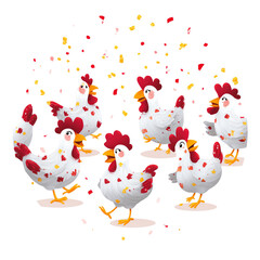 Colorful chickens celebrating with confetti.