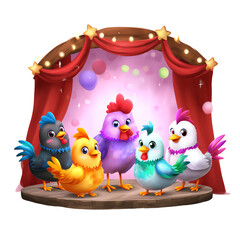 Colorful cartoon chickens on stage performing.