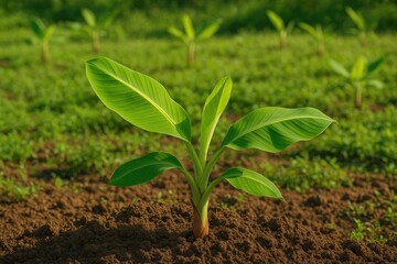 Young banana plantlets growing in the backyard garden