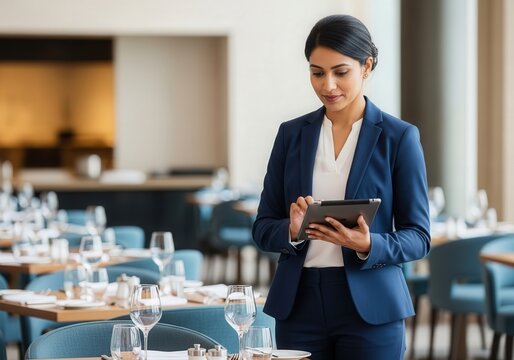 Hotel operations female manager uses a digital tablet while inspecting a polished dining setup
