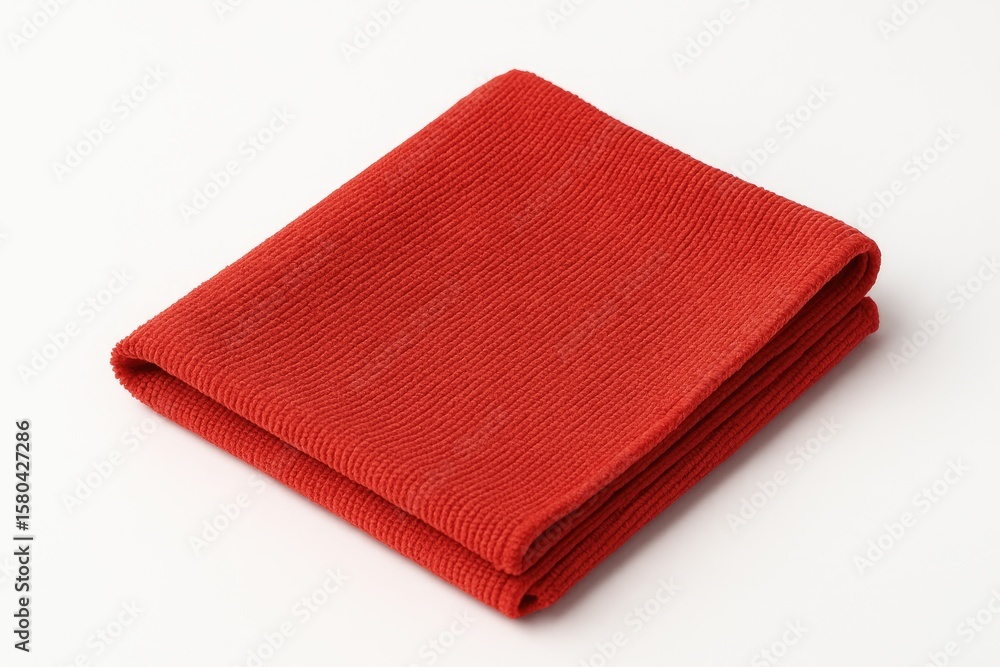 Poster white background with a neatly folded microfiber cloth in a deep red color