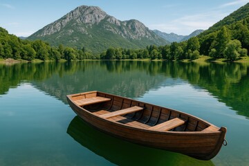 Obraz premium Small vessel gliding across a freshwater lake