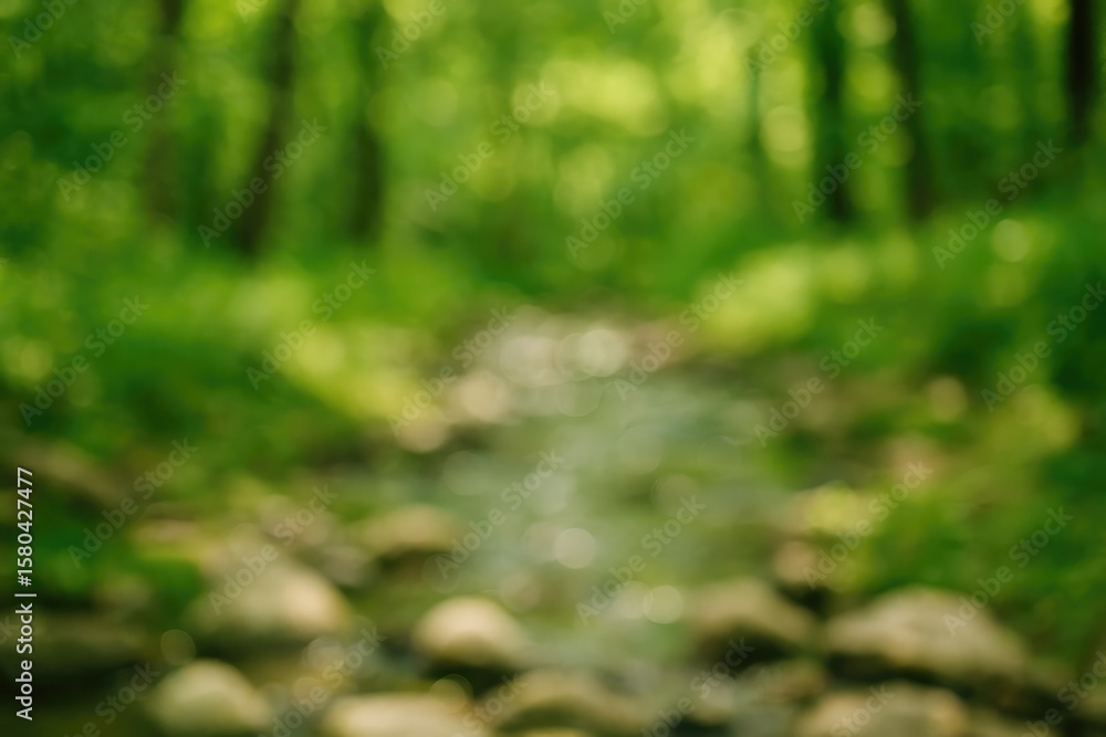 Poster unfocused scene of rocks and water within a forest setting