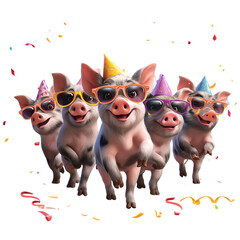 Fun party pigs wearing sunglasses and hats.