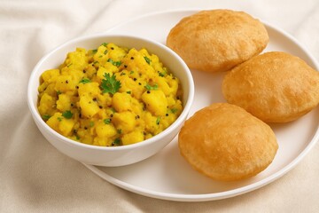 Spicy Indian Potato Dish with Fried Bread, also called Batata or Aloo ki Sabji, featuring semi-dry preparation and selective focus