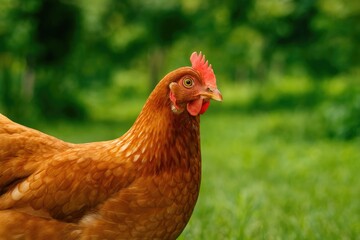 Side profile of a crimson backyard hen gazing directly at the camera