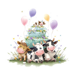 Cute cows celebrating with a birthday cake.