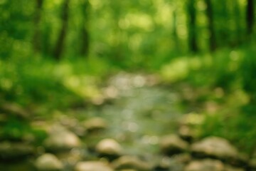 Unfocused scene of rocks and water within a forest setting