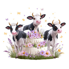 Cute cows with a floral cake celebration.
