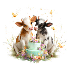 Cute calves with flowers and cake decoration.