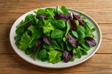Fresh green leafy salad served on a wooden platter, a nutritious snack