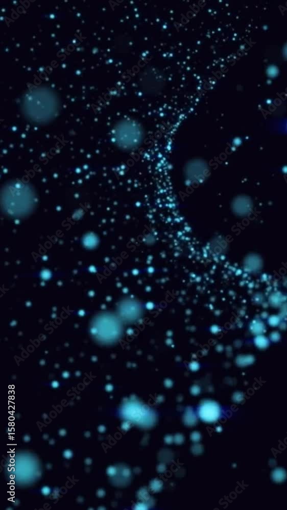 Poster floating blue particles shimmer and drift, creating an enchanting atmosphere in low light. vertical 