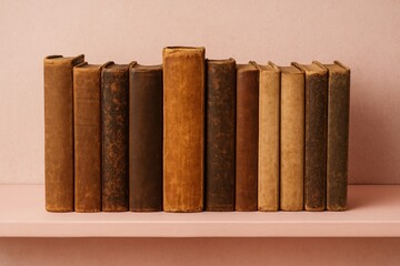 Naklejka premium Stack of vintage books on a pink shelf with a square backdrop