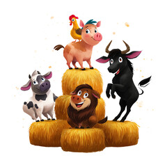Cute cartoon farm animals on hay bales.