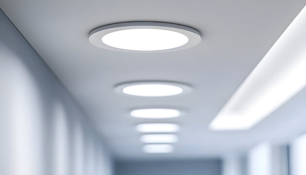 LED downlight fixture embedded in white ceiling background for clean, minimal, and efficient interior lighting