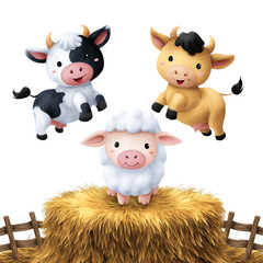 Cartoon farm animals on a haystack.