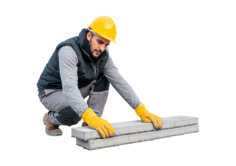 Construction worker in protective gear arranging concrete slabs for building project on transparent background, PNG