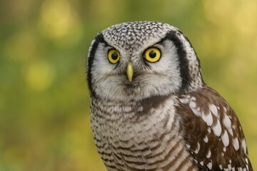 Fototapeta premium Close-up of a northern hawk-owl's face