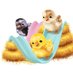 Cute chicks playing on a colorful slide.