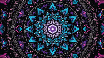 Intricate geometric mandala design with vibrant turquoise purple and black colors.