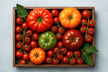 Organic heirloom and cherry tomatoes displayed in a wooden tray against a light blue concrete surface, top-down perspective with selective focus