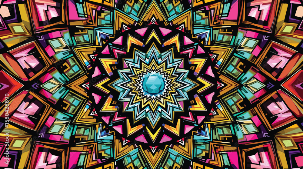 Poster vibrant geometric mandala design with symmetrical shapes and abstract colorful patterns.