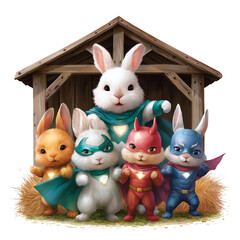 Superhero bunnies in colorful costumes.