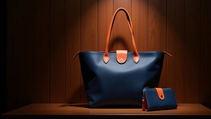 A sophisticated navy blue tote bag with bright orange handles and a wallet