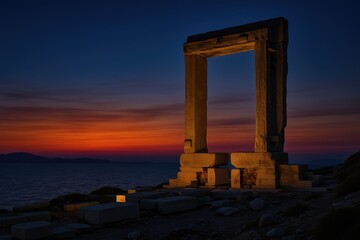 Naklejka premium Night view of the ancient entrance gate on a small island close to a larger one