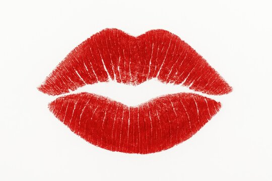 White background featuring a bold red lipstick kiss