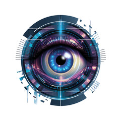Futuristic eye with digital elements and patterns.