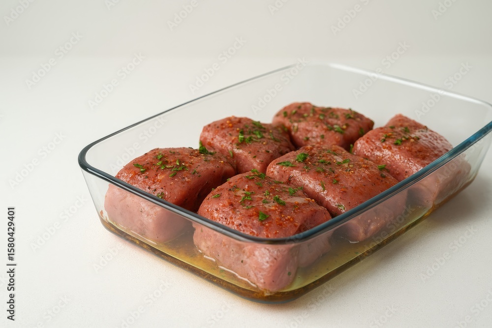 Poster fresh raw meat being marinated in a baking dish with blurred background and ample space for text