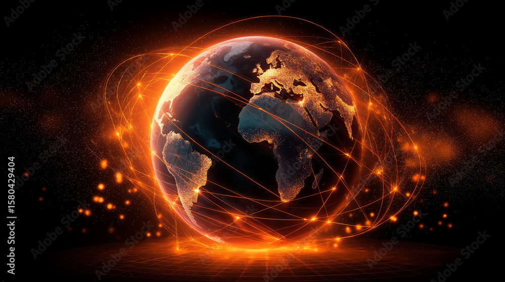 Poster futuristic global network visualization: earth connected by data streams, representing digital commu