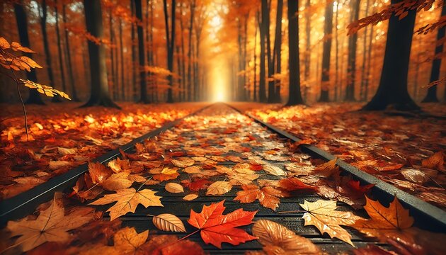Autumn scene with fallen leaves covering railway tracks through a forest, bathed in warm light.