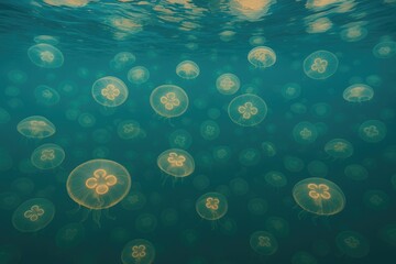 Close-up view of luminous jellyfish drifting beneath the ocean surface, creating an eye-catching wildlife backdrop
