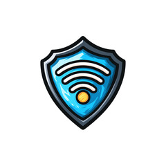 Stylized security shield with Wi-Fi symbol.