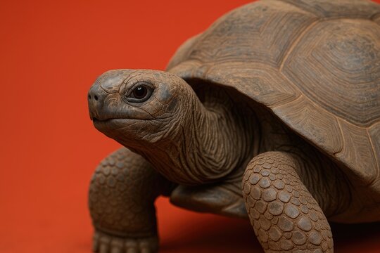 Close-up of a massive land turtle, the largest of its kind, showcasing its distinctive shell and gentle demeanor