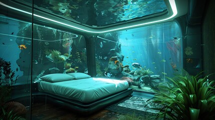 Underwater hotel luxury room, aquatic bedroom in aquarium